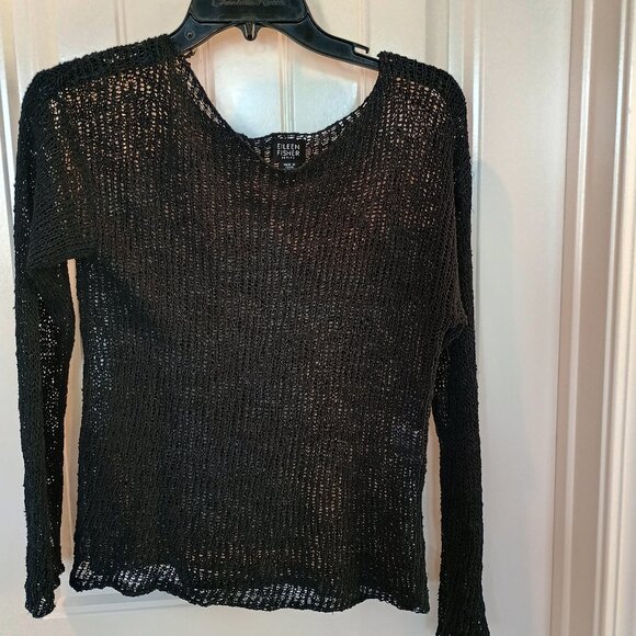 Eileen Fisher Petite PP Eyelet Knit Top Navy Italian Yarn 86% Linen Romantic - Picture 1 of 8